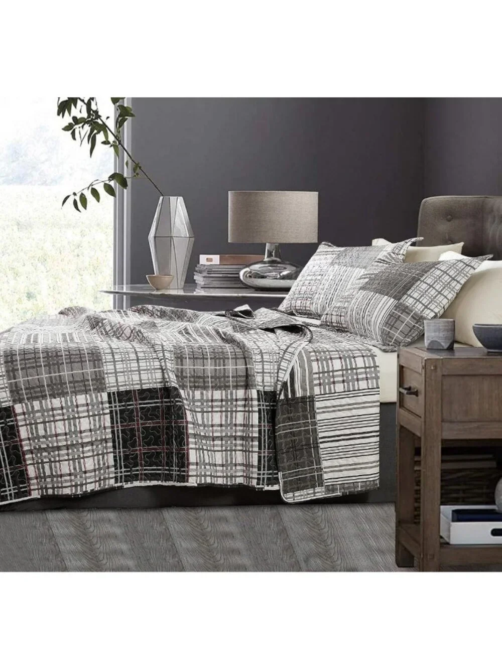 Twin Size Plaid Quilt Set - Black White Grey Reversible Bedspread, Soft